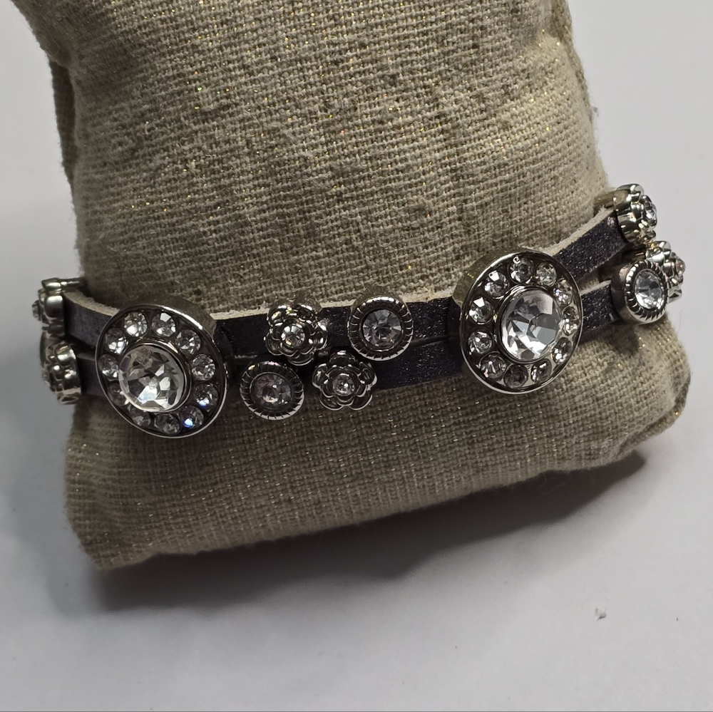 Silver Genuine Leather Crystal Charm Slide Bracelet New
